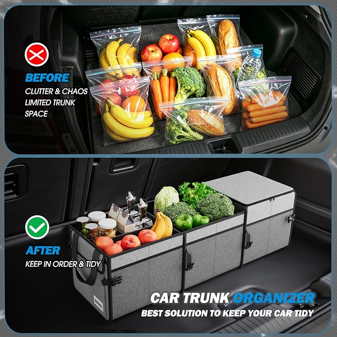 Trunk Organizer for SUV, Large Capacity Car Organizer and Storage with 5 Compartment and 1 Cover, Foldable Trunk Organizer for Car, 90L Grey