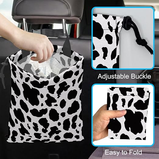 Car Trash Bag Cow Texture Car Garbage Bag Hanging Car Trash Can for Back Seat with Drawstring, Waterproof Garbage Bags for Accessories Vehicle Travelling Camping Outdoor