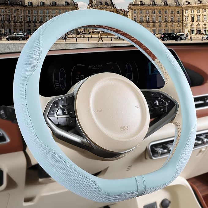 Nappa Leather Blue D Shape Steering Wheel Cover, Advanced Microfiber Leather Non-Slip Breathable Fabric, Warm in Winter and Cool in Summer, Universal 15 inch
