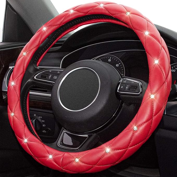 Red Steering Wheel Cover, Leather Car Steering Wheel Cover, Crystal Rhinestones Anti-Slip Soft Accessories for Women and Girl Universal Fit 14.5-15 Inch
