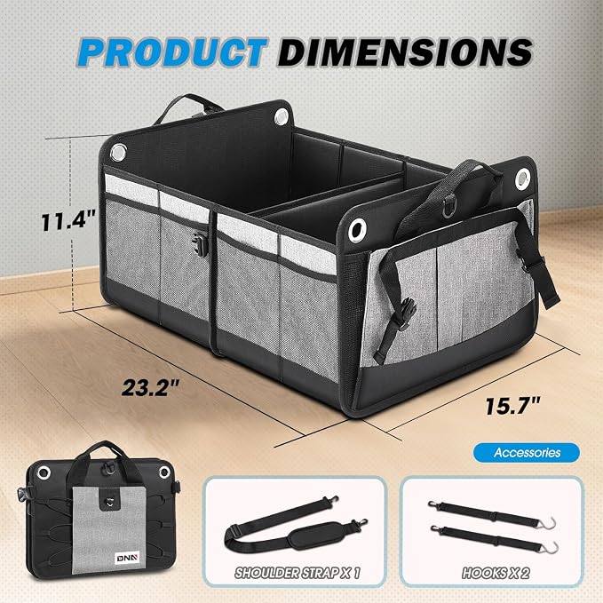 Trunk Organizer for SUV, Large Capacity Car Organizer and Storage with 2 Compartment, Foldable Trunk Organizer for Car, 70L Grey