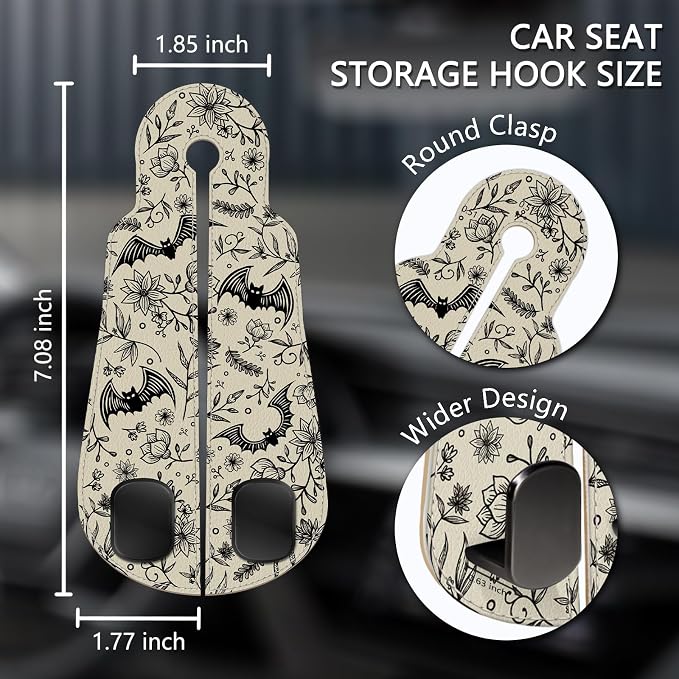 2PCS Car Hooks for Purses and Bags, Goth Gothic Seat Back Storage Headrest Holder Hanger PU Leather Double Metal Hook for Backseat Organizer, Women Car Accessories Organization