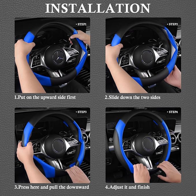 Faux Leather Steering Wheel Cover and Waterproof Car Floor Mats,Universal Car Combo Fit for 95% Sedan,SUV,Cars,14.5-15inch Sporty Anti-Slip Safety Comfortable Design(Black＆Bule)
