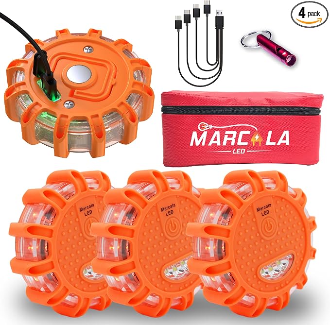 4-Pack Rechargeable Emergency Lights For Vehicles | Largest 1200mAh Battery in the Market | Red Diode LED Road Flares Rechargeable | Hazard Lights for Vehicles with Included USB-C Cable