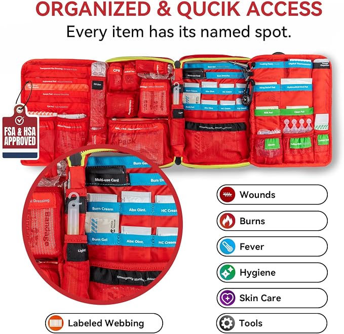 Premium First Aid Kit, 219 Pcs Fully Stocked, Organized Emergency Medical Kit with Zip Stitch Wound Closure, Ideal for Car, Travel, Hiking, Home, Businesses, HSA/FSA Approved (Large)