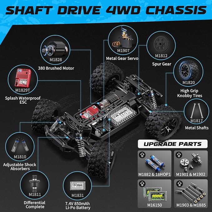 1:18 Scale All Terrain RC Car 18859, 36 KPH High Speed 4WD Electric Vehicle with 2.4 GHz Remote Control, 4X4 Waterproof Off-Road Truck with Two Rechargeable Batteries