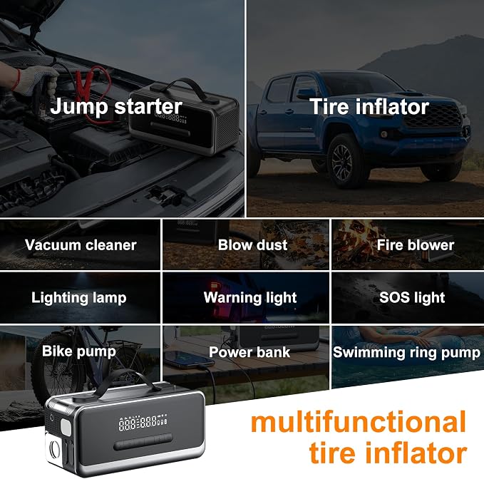 Tire Inflator Portable Air Compressor with Jump Starter, Air Pump for Car | Faster Inflation 35L/min,Auto Shut-Off,Cordless,Vacuum and Blower Functions,for Pickup Truck,Bike,Motorcycle and Balls