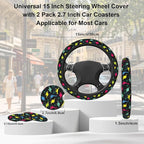 Dinosaur Steering Wheel Cover for Women Girly,Colorful Dino with Paws 15 Inch Non-Slip Breathable Neoprene Steering Wheel Cover Fit Auto,SUVs,Includes 2 PCS Cup Coasters