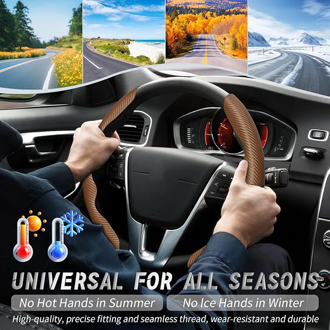 2pcs Car Steering Wheel Cover,Anti-Skid Carbon Fiber Steering Wheel Protector for Men Women,Multiple Color Options,Universal for Most Car Interiors Accessories (Brown)