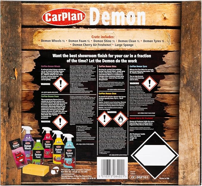 Demon Car Wash Kit - 7 Piece Set Includes Car Wash Soap, Wheel Cleaner, Tire Shine, Interior Cleaner, Demon Shine, Air Freshener & Sponge