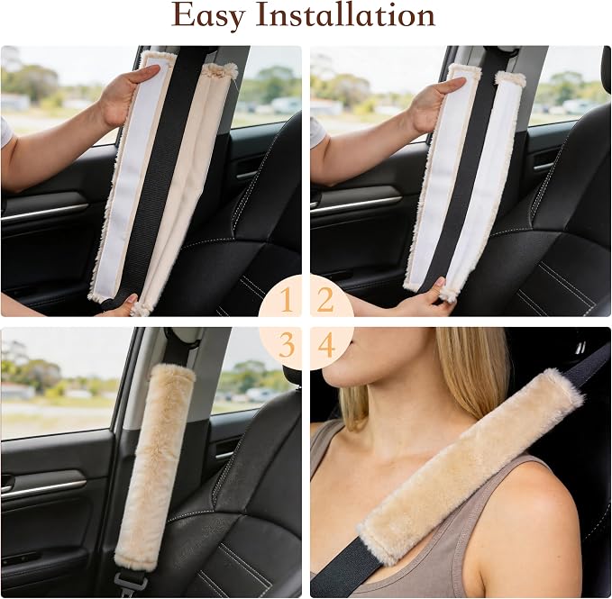 Soft Faux Fur Universal Fit Seatbelt Cover Car Truck SUV Airplane Seat Belt Shoulder Pad for Carmera Backpack Straps Neck Cushion Protector 2 Pack 10.5in Beige