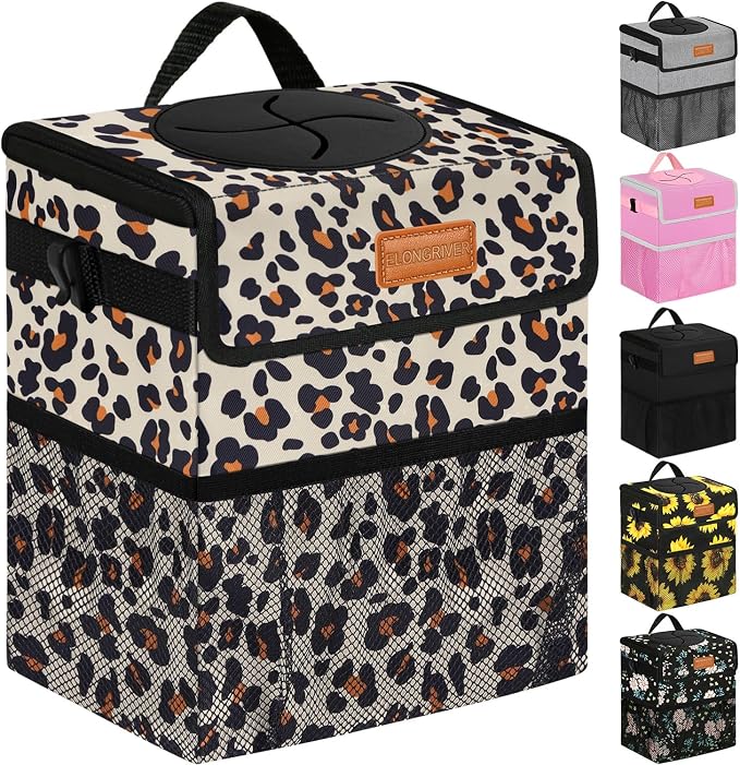 Car Trash Can Bin for Back Seat Leak Proof, Cute Car Trash Bag Hanging, Vehicle Trash Can for SUV Truck Van, Automotive Garbage Cans Front Seat Leopard Print, 2 Gallons