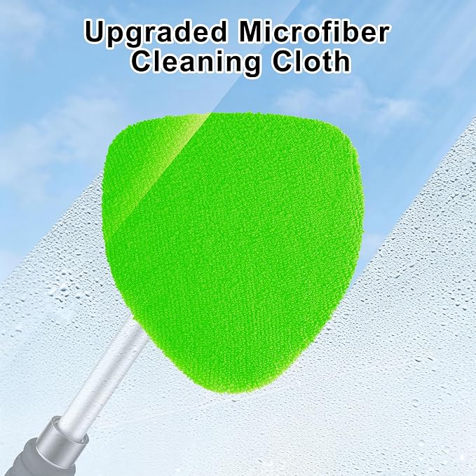 Windshield Cleaner Tool, Car Interior and Exterior Window Cleaning Kit with Extendable Handle & 4 Reusable Microfiber Pads, Auto Glass Wiper Brush Kit for Car & Home Windows (Green)