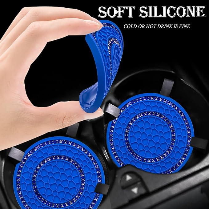 4PCS Bling Crystal Rhinestone Cup Holder Coaster, 2.75 inch Soft Silicone Anti-Slip Shockproof, Car Cup Holder Insert Coasters, Universal Car Interior Accessories for Women (Blue)