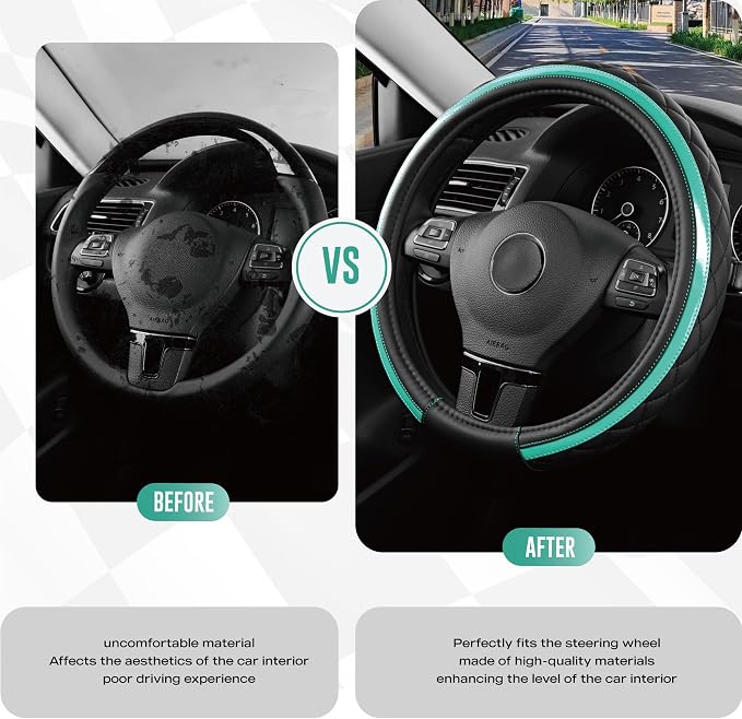 Leather Steering Wheel Cover – Black & Green Universal Fit 14.5-15 Inch, Microfiber Leather, Anti-Slip & Breathable Design for Men and Women