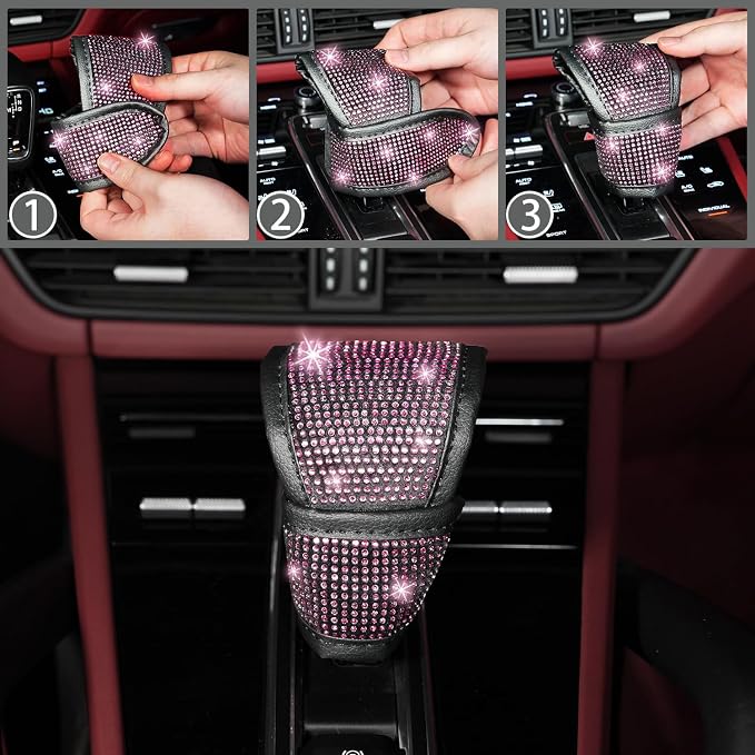 8 pcs Pink Bling Car Accessories Set for Women, Steering Wheel Cover, Sparkly Seat Belt Covers, Bling Gear Shift Cover, Universal Fit Most Cars (Pink Diamond)
