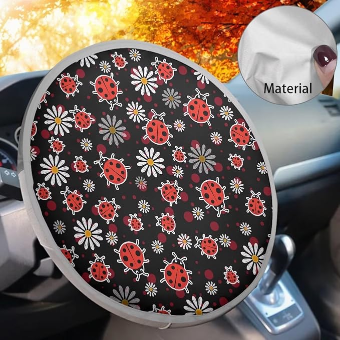 Car Steering Wheel Sun Shade Cover,Cute Ladybug Car Accessories Interior 17 inch Universal Steering Wheel Heat Insulation Cover for SUV Trucks Van,Blocking Sun & Heat,Cool in Summer