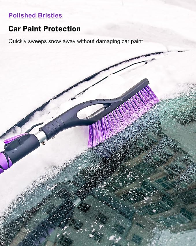 Ice Scraper and Brush for Car, Extendable Snow Brush and Ice Scraper for Car Windshield Window, Car Snow Scraper and Brush with Foam Grip for SUV Truck Automobile Vehicle - Purple