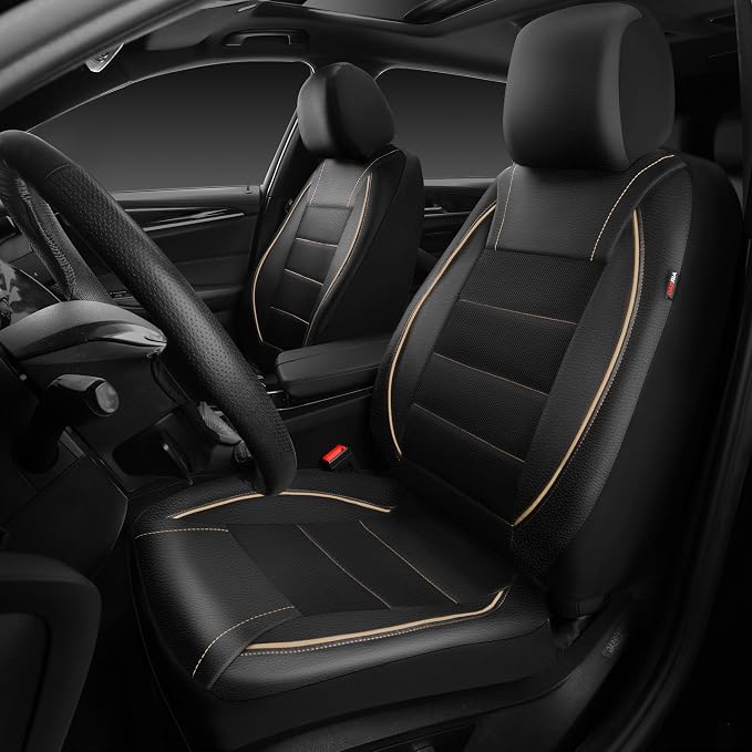 Universal FIT Piping Leather Two Front Seat Covers, Waterproof Faux Leather for SUV Sedan Van Truck, Airbag Compatible,Reserved Opening Holes for Headrest Covers. (Black and Beige)