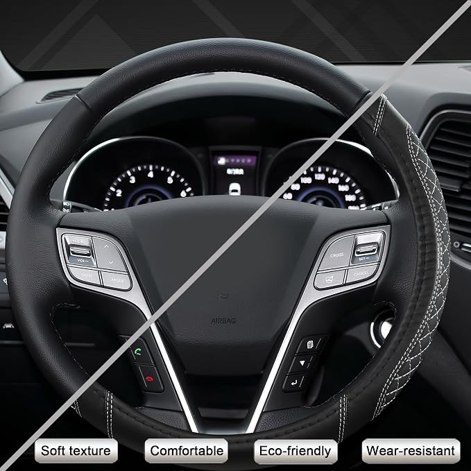 Customized Auto Car Steering Wheel Cover for Hyundai,Tucson,Sonata,Elantra,Santa Fe,Genesis,Sonata Hybrid,Azera,Venue,Kona, 14.5-15 inches(Diamond Quilted-Black+Gray-Standard Size)