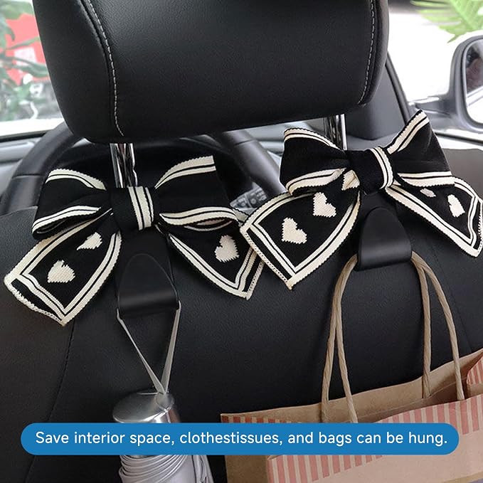 2PCS Car Seat Hooks, Cute Bow Car Seat Headrest Hooks for Purses, Bags, Umbrella, Universal Automotive Interior Decoration Accessoriesl for Vehicle, SUV, Sedan, Truck (Black Heart)
