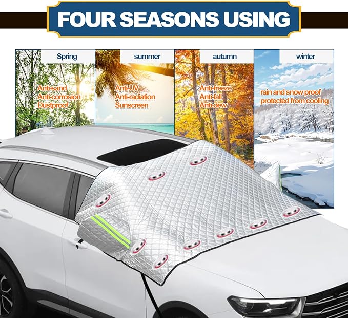 Car Windshield Snow Cover with Side Mirror and Hook, Winter Windshield Sun Shade Foldable, Magnetic Windshield Cover for Ice and Snow, Extra Large Fit for Car/SUV, Pickup truck, 96"x59" Silver