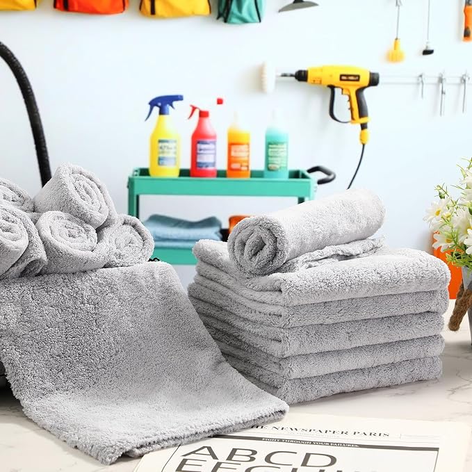 30 Pcs Edgeless Microfiber Plush Towels for Cars Detailing Drying Wash Polishing Absorbent Cleaning Cloths, 500 GSM (16 x 16 Inch,Light Gray)