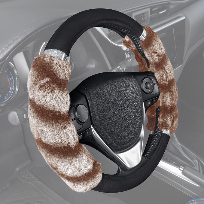 Bear Fur Steering Wheel Cover, Plush Faux Fur Fuzzy Steering Cover for Car Truck Van SUV, Standard Size Fits Wheels 14.5-15 in Diameter, Two Tone Black/Brown with Glitter