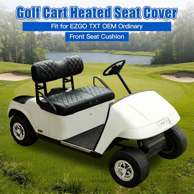 NOKINS Heated Golf Cart Seat Covers Kit - 3-Speed Heating, 5-Min Quick Warm-Up, 12V Power with Converter, Black and Black Stitching (Fits EZGO TXT 1994-2013/EZGO RXV OEM Standard Front Seat Cushion)
