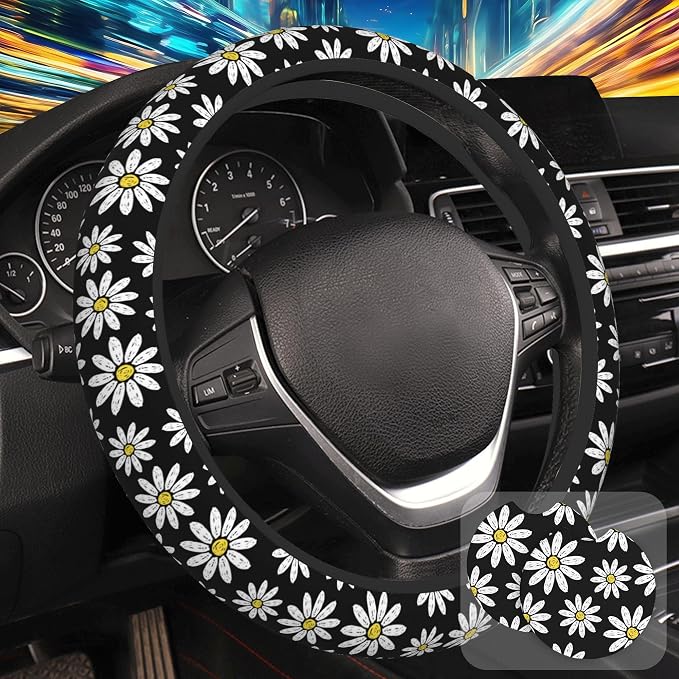 White Daisy Flowers Steering Wheel Cover with 2 Pcs Car Coasters Neoprene Steering Wheel Cover for Women Men Anti-Slip Breathable Car Accessories Universal 15 Inch Fit Auto Cars Trucks