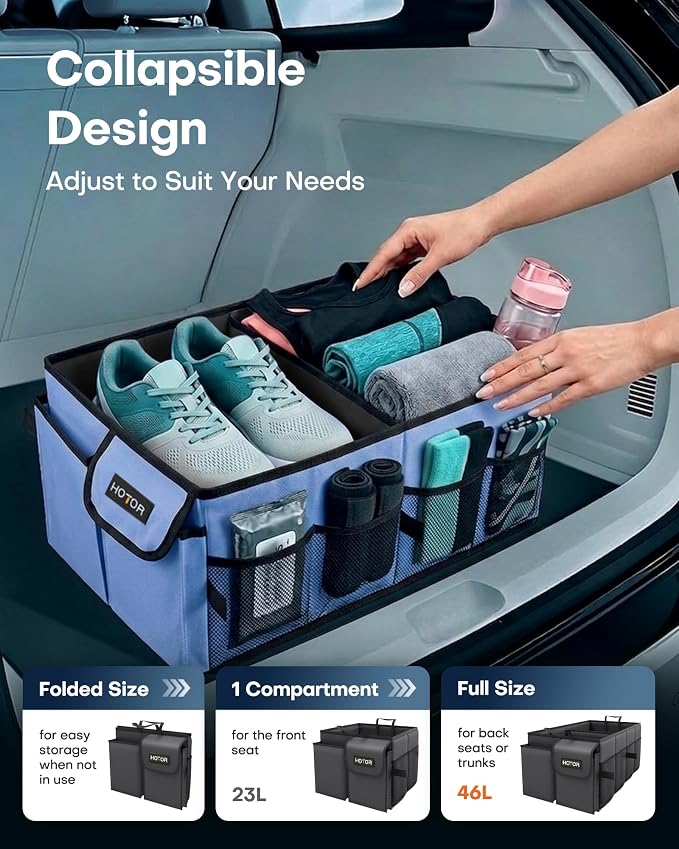 Trunk Organizer for Car - Car Organizer, Foldable Trunk organizer for SUVs & Sedans, Sturdy Organization for Car Accessories, Tools, Sundries, Blue, 2 Compartments, 23.6"×14.2"×10.6"