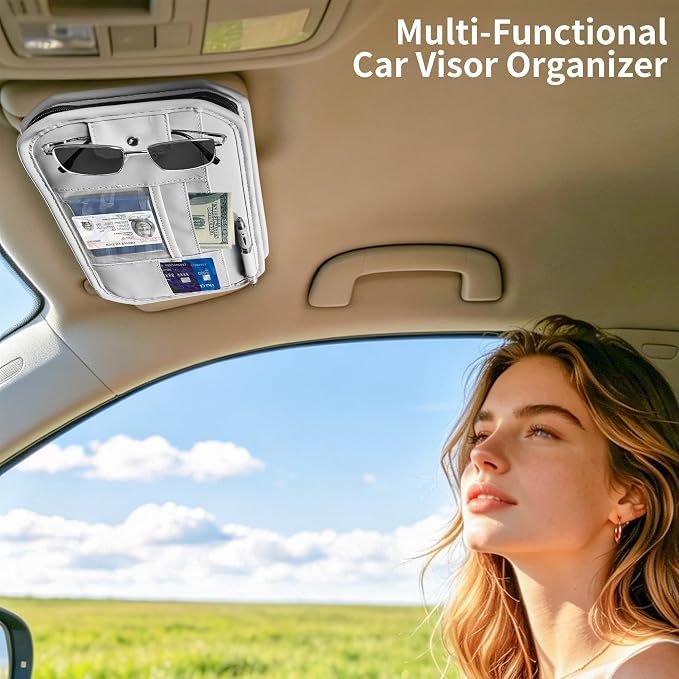 Car Sun Visor Organizer with Zipper Pockets PU Leather Storage Bag with Elastic Straps and Glasses Clip Sunvisor Organizers for Car SUV Truck