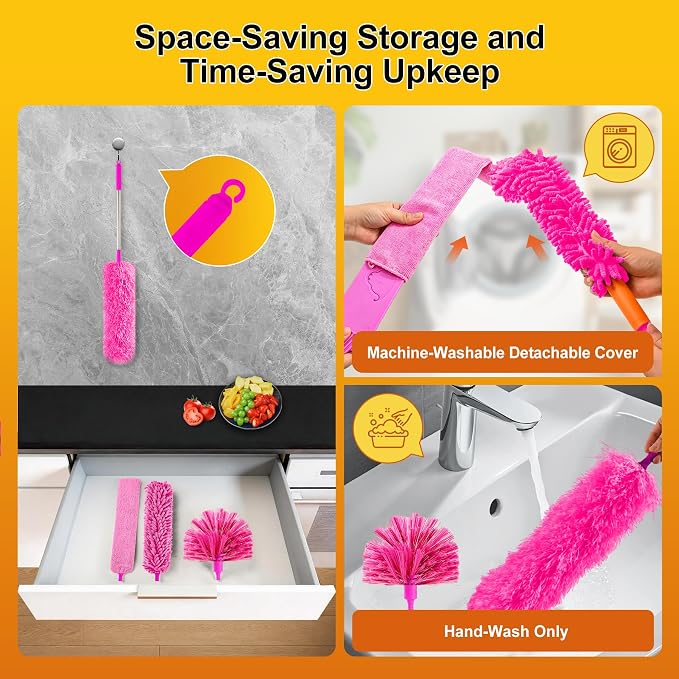 5-in-1 Duster with Extension Pole 100 inch Extendable Dusters for Cleaning Anti-Spin Reusable Dusting Kits for High Ceiling Fans, Cobwebs & Vents, Reinforced Stainless Steel Telescopic Handle