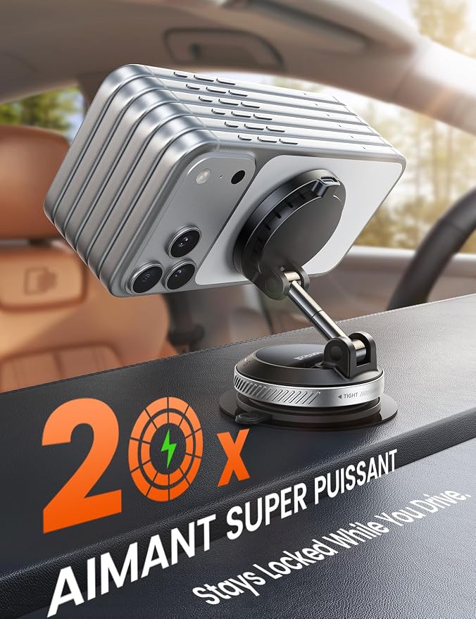 15W for MagSafe Car Mount Charger - [70 LBS Strongest Suction] Magnetic Wireless Car Charger, Suction Cup Phone Mount, Vacuum Magnetic Phone Holder Car Mount for iPhone 17 Pro Max 16 Silver