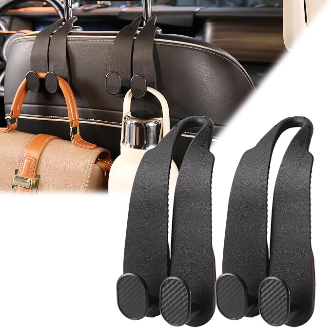 Purse Hook for Car Headrest, Silicone Car Seat Back Storage Hook, Twin Hooks Carbon Fiber Textured Car Headrest Hangers, Bag Holder for Sedan, Trucks, SUVs, Most Vehicles (Black-2PCS)