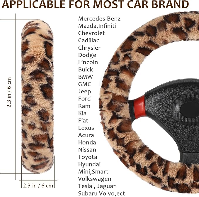 Fuzzy Car Steering Wheel Cover, Universal Fit Fur Auto Wheel Cover & Handbrake Cover & Gear Shift Cover Set, Leopard Warm Fluffy Vehicle Wheel Protector Car Accessories for Men Women (Brown)