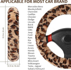 Fuzzy Car Steering Wheel Cover, Universal Fit Fur Auto Wheel Cover & Handbrake Cover & Gear Shift Cover Set, Leopard Warm Fluffy Vehicle Wheel Protector Car Accessories for Men Women (Brown)
