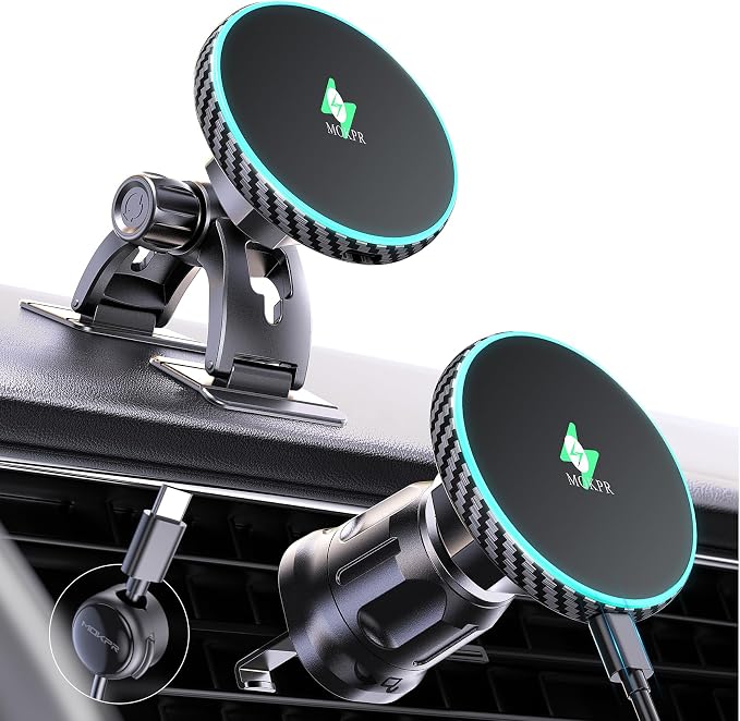 for iPhone Magsafe Car Mount Charger, Wireless Car Charger Magnetic Car Phone Holder for Dash Air Vent-LED HandsFree Car Mount Fast Car Charger for iPhone 17/16/15/14/13/12 Carbon Firber