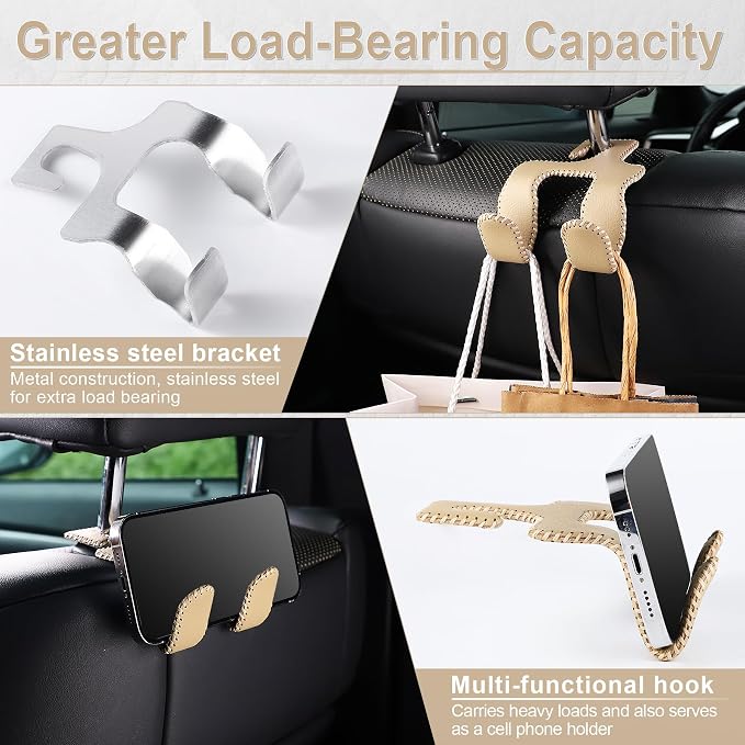 Upgraded Superior Leather Car Seat Back Headrest Hook, 2 in 1 Auto Seat Hook Hangers Holder Organization Interior Accessories for Purses Coats Umbrellas Grocery Bags Handbag (Beige)