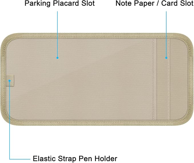 Handicap Placard Holder for Auto, Disabled Parking Permit Sign Protector for Car Sun Visor with Note Paper Slot, Pen Holder and Elastic Strap - Khaki