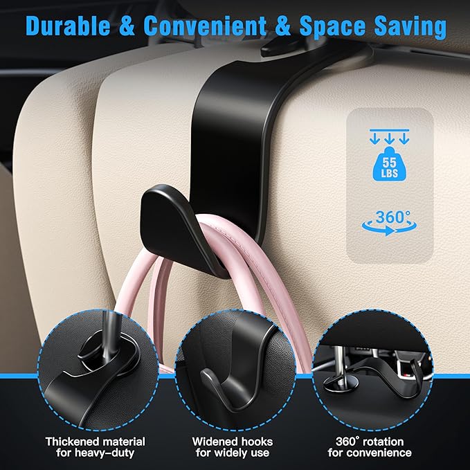 4-Pack Car Headrest Hooks Vehicle Storage Organizer for Purses Handbags Groceries Backpack Coats –Holds 55lbs 360° Rotating Black