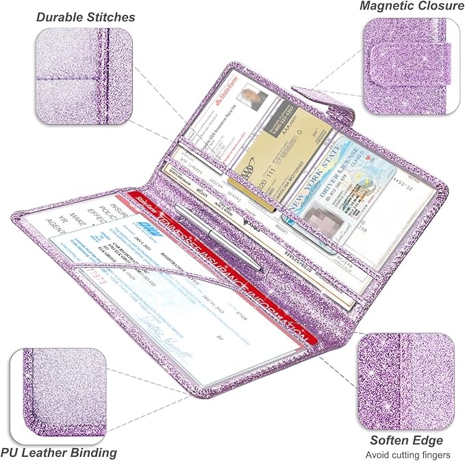 Car Registration and Insurance Holder, Vehicle Car Glove Box Organizer, Cool Car Accessories for ID, Driver License Cards & Essential Document, Men&Women, Purple Glitter