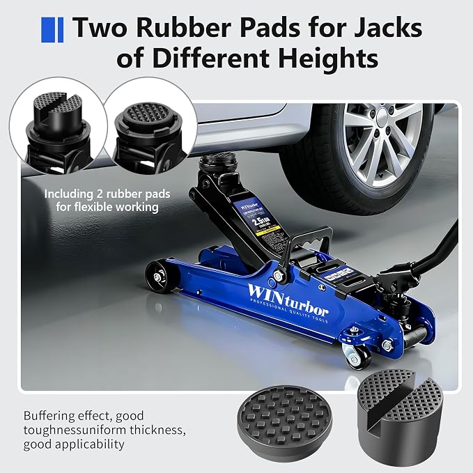 2.5T Floor Jack, 5500 lbs, 3.35"-14.96" Lift, Tire Kit, Pads & Bag | Steel jack, 3.35"-14.96" lift. 360° swivel handle, rear casters. Includes tire kit, 2 rubber pads & bag.