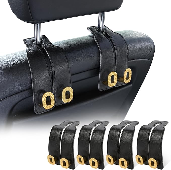Car Headrest Hooks Universal Car Purse Hook Premium Leather and Alloy Twin Hook Car Seat Back Storage Hanger Hook for Purse Bags Cloth Drink Durable Holder Car Accessories (BH09-Black-Gold-4 Pcs)