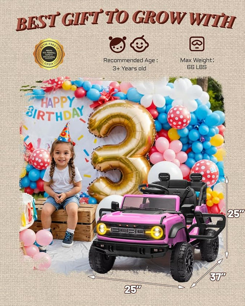 12V Electric Ride on Toys for Toddler, Ford Bronco Raptor Kids Ride on Car with Remote Control, 12 Volt Battery Powered Cars for Children with Smooth Start, Bluetooth (12V, Pink)