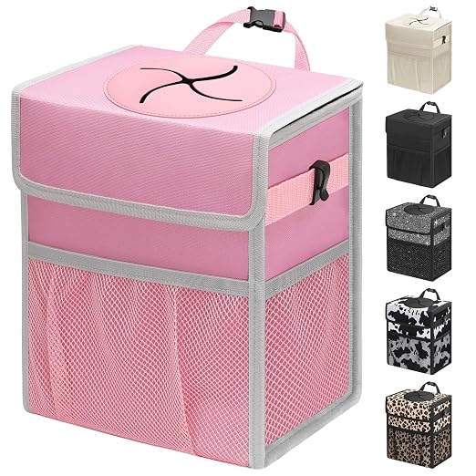 Car Trash Can with Lid, Leakproof Car Trash Bag Hanging Waterproof Automotive Garbage Can with Storage Pockets Mini Vehicle Trash Bin for Back/Front Seat(Pink,3 Gallon)
