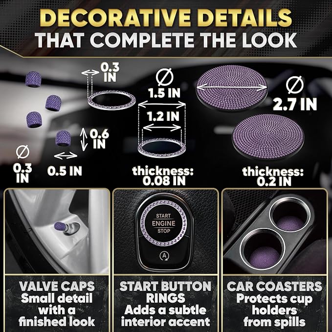 Purple Car Accessories Set, 27 Pieces – Bling Car Accessories for Women, Steering Wheel Cover, Rearview Mirror, Air Vent, Dashboard and Console Rhinestone Decor - Universal Fit Interior Styling Kit
