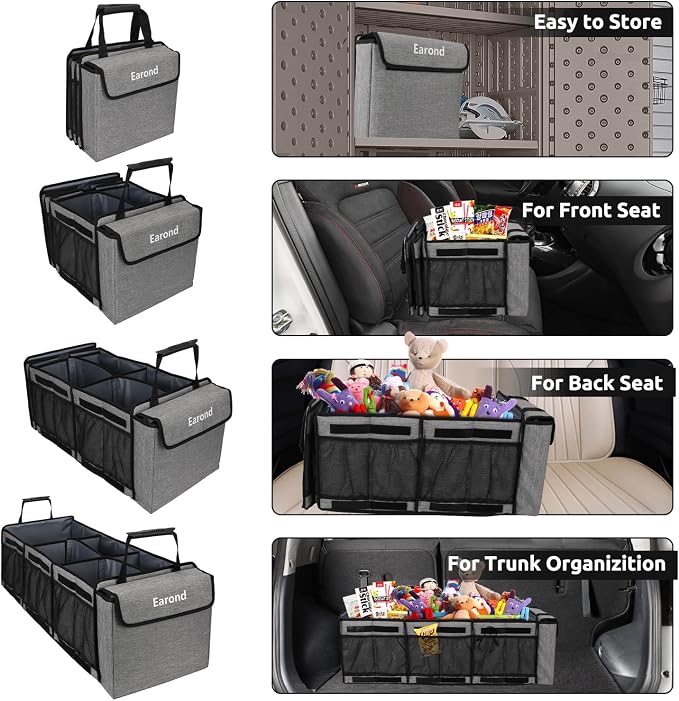 Collapsible Trunk Organizer with Insulated Leakproof Cooler Bag,Removable Lid,Adjustable Securing Straps,3 Compartments Trunk Organizer for SUV,Truck,Sedan(Light Grey)