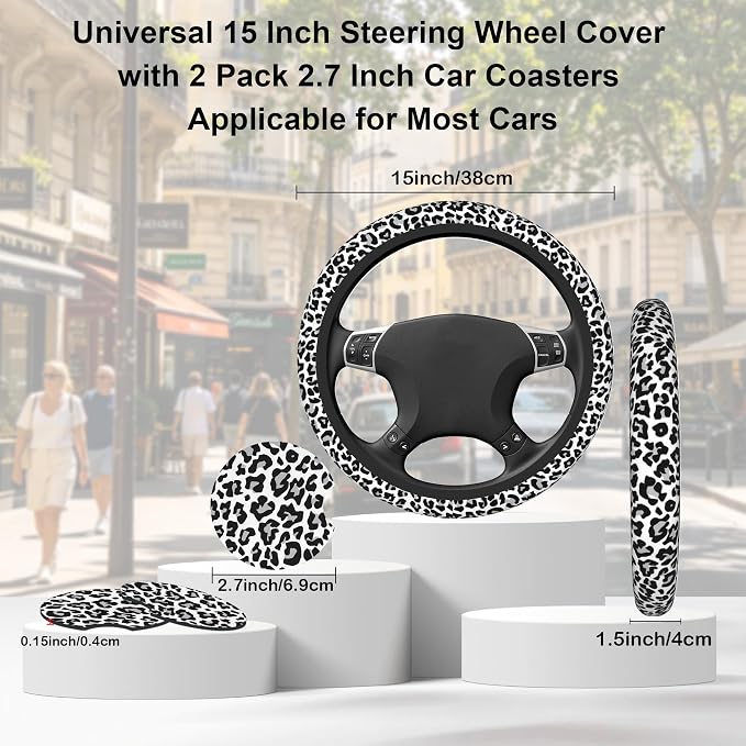 Leopard Steering Wheel Cover,Cheetah Print 2 PCS Car Coasters Leopard 14.5-15 Inch Neoprene Steering Wheel Cover,Anti-Slip Breathable Car Accessories Fits Auto Interior Decor