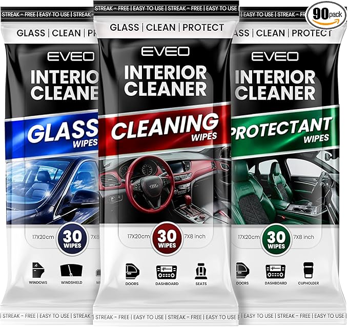 Car Wipes Interior Cleaning Kit -3-in-1 Car Cleaning Wipes Car Interior Wipes | Interior Car Wipes, Car Cleaning Kit Interior & Exterior - Protectant, Glass and Cleaning All Surfaces (90 Wipes)